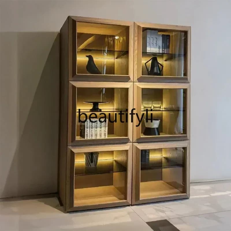 Italian Style Light Luxury Solid Wood Bookshelf Freely Combined Modern Minimalist Study Cabinet Storage Cabinet Living Room