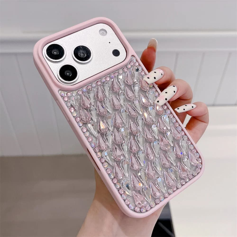 Luxury Sparkly Full Slant Tear Rhinestone Phone Case for 17 Pro Max Matte Frame Bead Wrist Strap Cover for iPhone 16 15 14 13