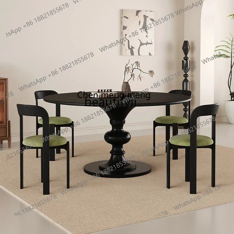 CC American solid wood round dining table retro black round eating table small apartment simple designer dining table