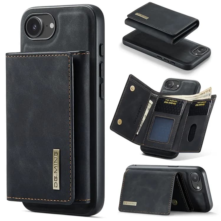 DG.MING M1 Series for iPhone 16e Case Kickstand PU Phone Cover with Detachable Wallet - Black