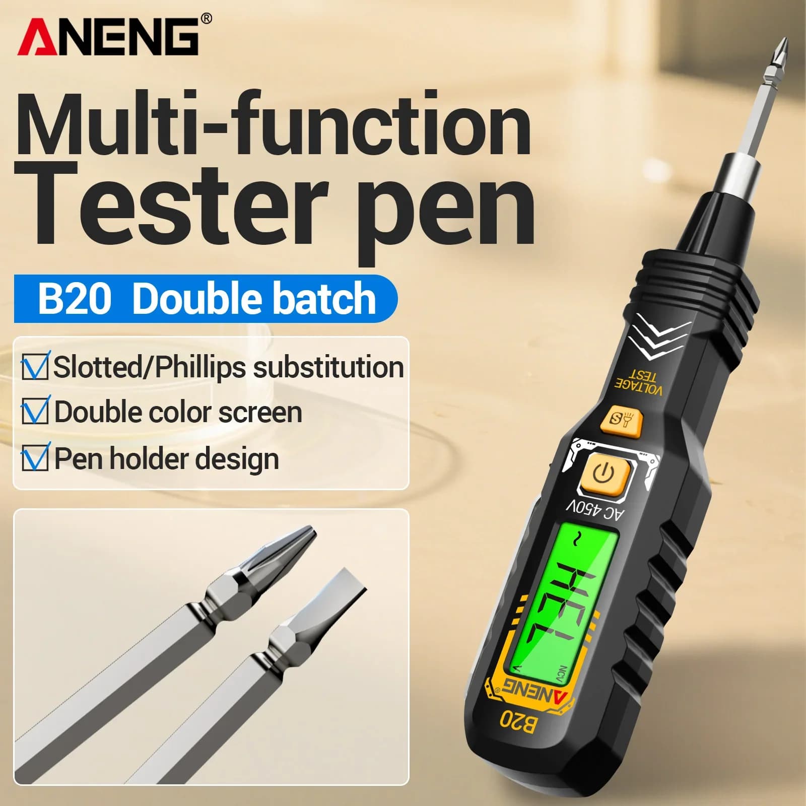 Digital induction pen 30~1000V wide range non-contact electrical testing screwdriver dual-use electrician maintenance tool ANENG
