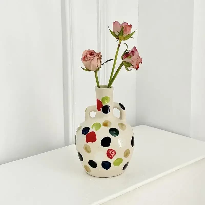 Hand Drawn Colorful Dot Ceramic Vase, Vintage French Single Handle Vase, Flower Arrangement, Living Room Decoration Ornament
