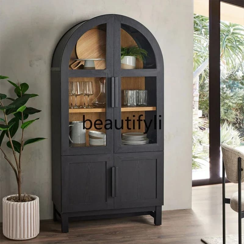 DD45 French Retro Solid Wood Bookshelf Natural Wood Color Display Storage Cabinet Light Luxury Arched Wine Cabinet