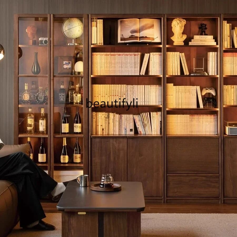X Solid Wood Bookcase Study Room Display Cabinet Home Storage Cabinet Black Walnut Storage Cabinet Modern Simple