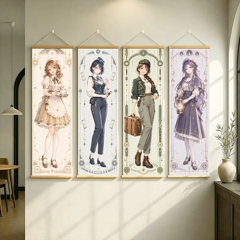 Anime Women in Cream, Navy, Olive and Violet Outfits Hanging Scroll with Vintage Inspired Floral Borders for a Bedroom