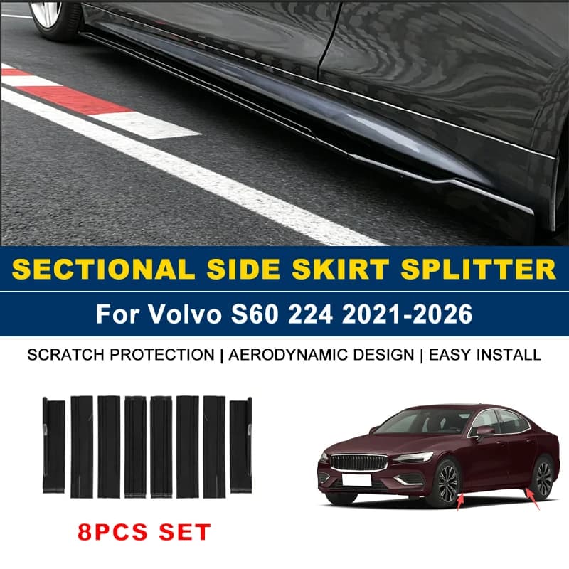 2.2m Sectional Side Skirt Extension Lips Side Spoiler, Car Exterior Modified Upgrade Kit For Volvo S60 224 2021-2026 2022 2023