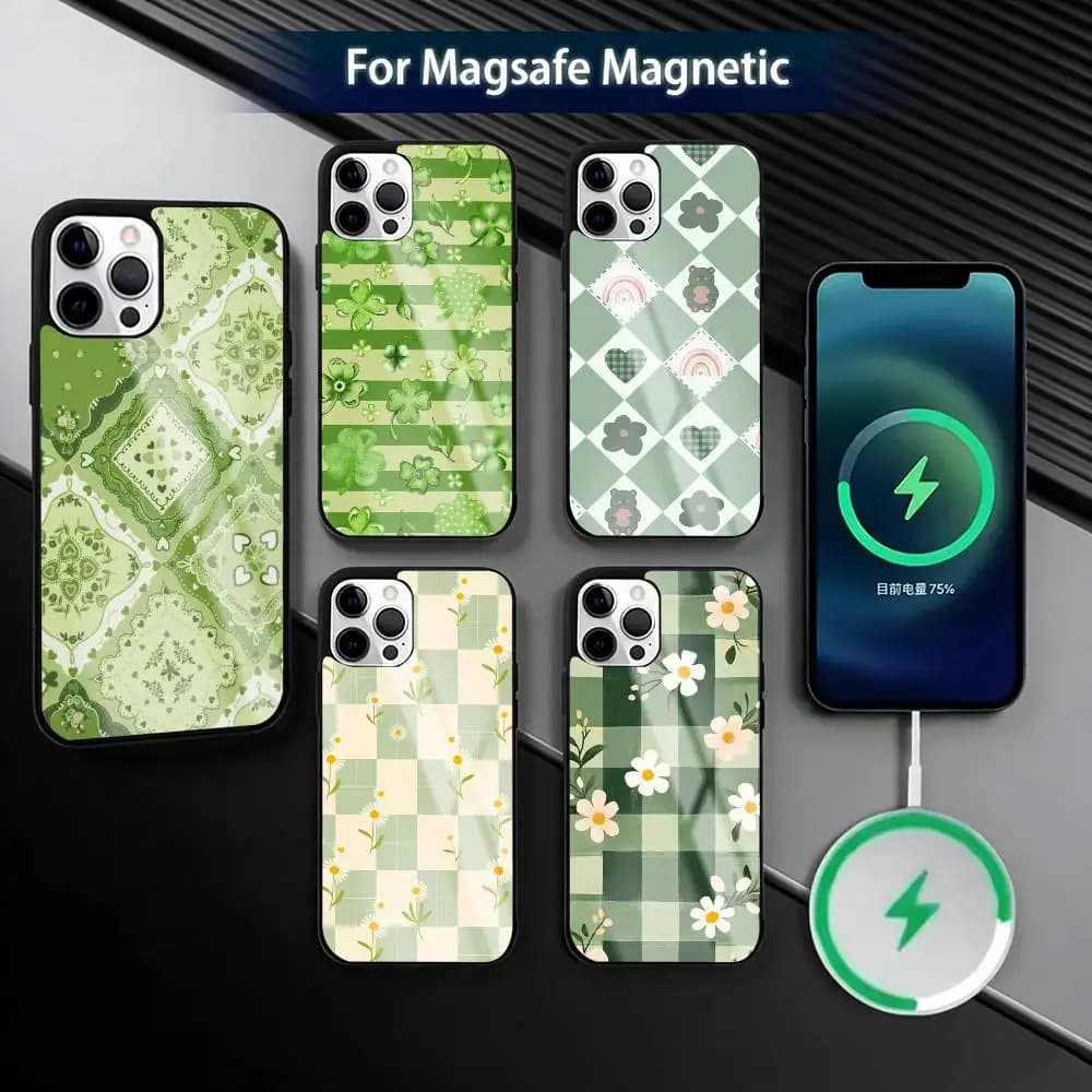 Green And White Plaid  Phone Case For iPhone17,16,15,14,13,12,11 Plus,Pro Magnetic For Magsafe Wireless Charging