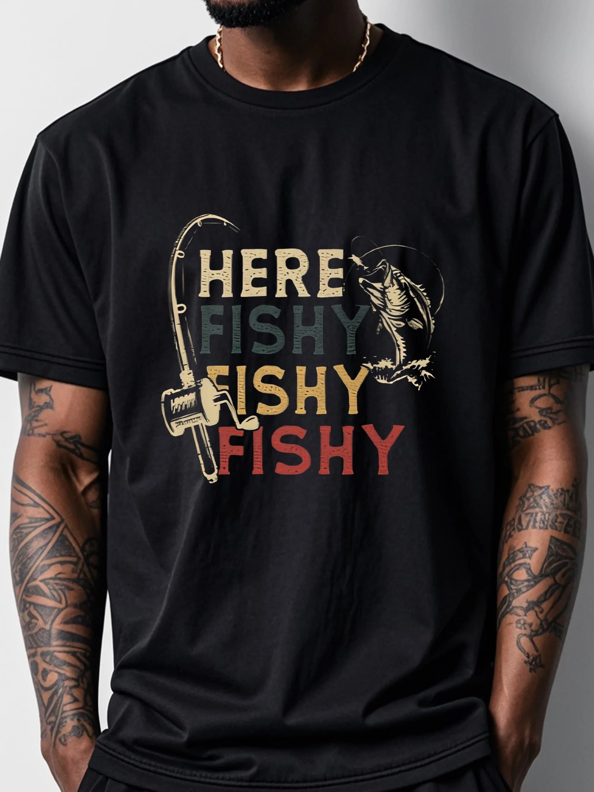 Men's "Here Fishy Fishy" with Fishing Rod & Fish Graphic - 100% cotton summer short-sleeved O-neck men's printed T-shirt.