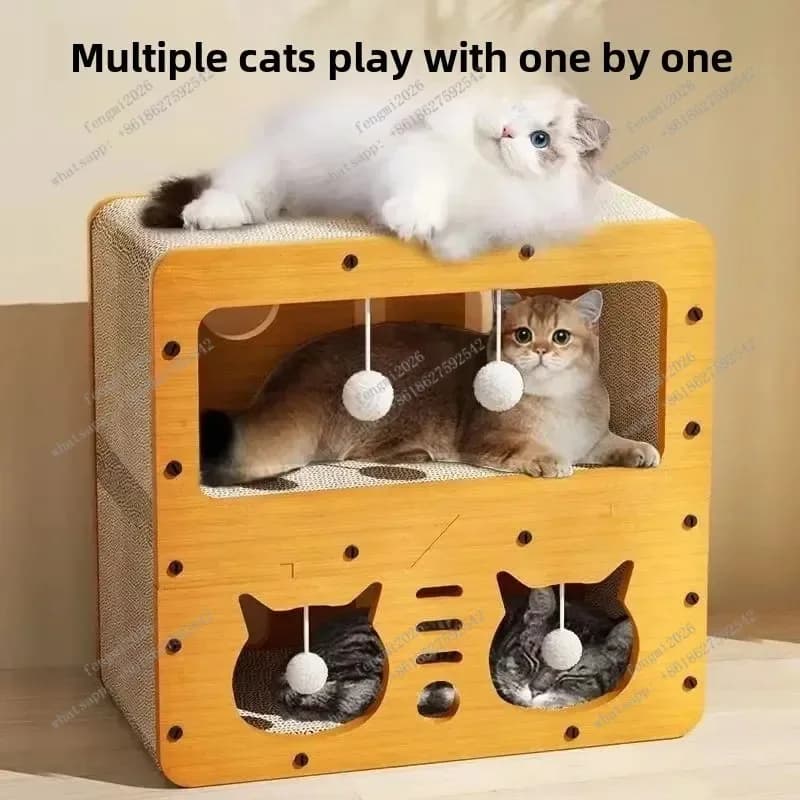Integrated Cat House with Wear-Resistant Scratcher Vertical Scratching Post for All Seasons