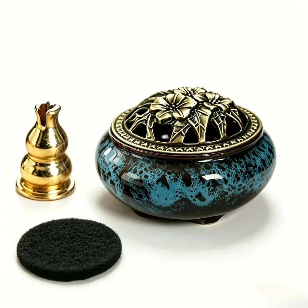 4Pcs Kiln-fired Ceramic Incense Burner Vintage Brass Lid Fireproof Mat Tray Mesh Cover For Stick Cone Coil Incense Zen HomeDecor