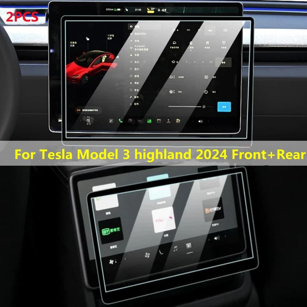 ​For Tesla Model 3 Highland 2024 15-inch Touch Screen Protector Cover + 8-inch Rear Row Display Tempered Glass HD Transparent