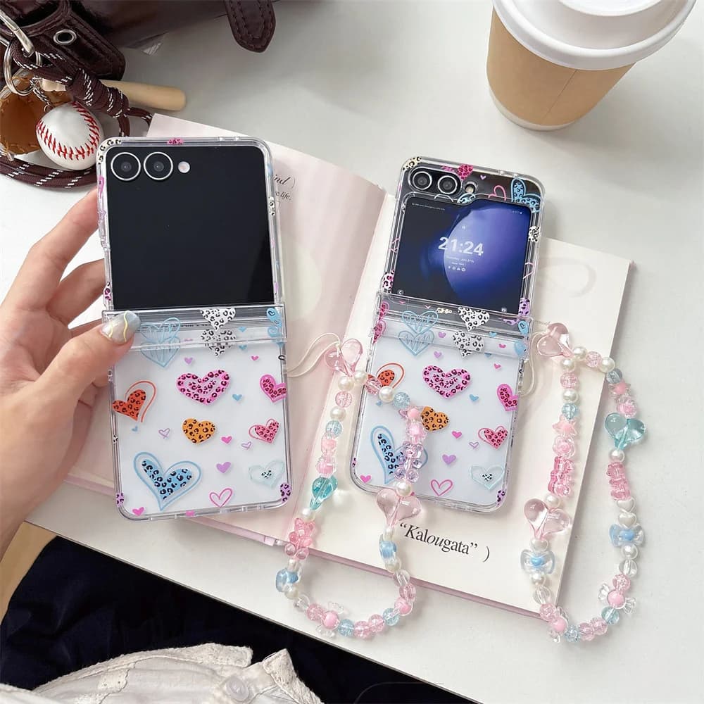 Y2K Fashion Colorful Leopard Heart Printed Phone Case for Samsung Galaxy Z Flip 7-3 Sweet Crystal Bead Strap Protective Cover