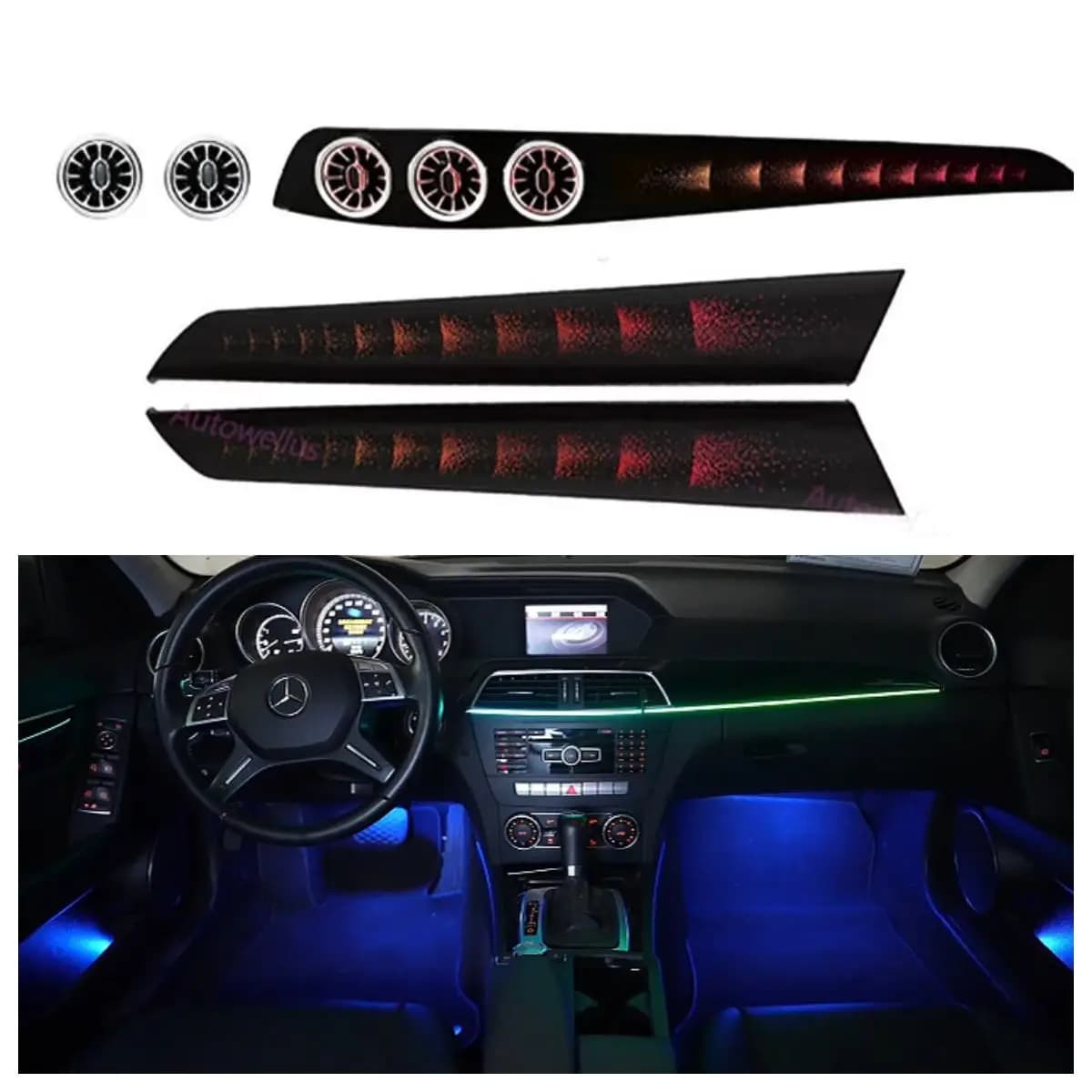 Car Interior Ambient Lighting LED 64 Color Symphony Air Outlet Light Kit C-Class W204 2008-2014