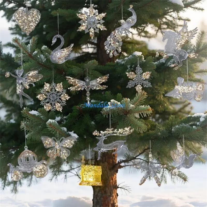 U2JC Clear Gold Fill Christmas Ornament Hanging Tree Accent with Light-Catching Holiday Finish for Wreath Window Use