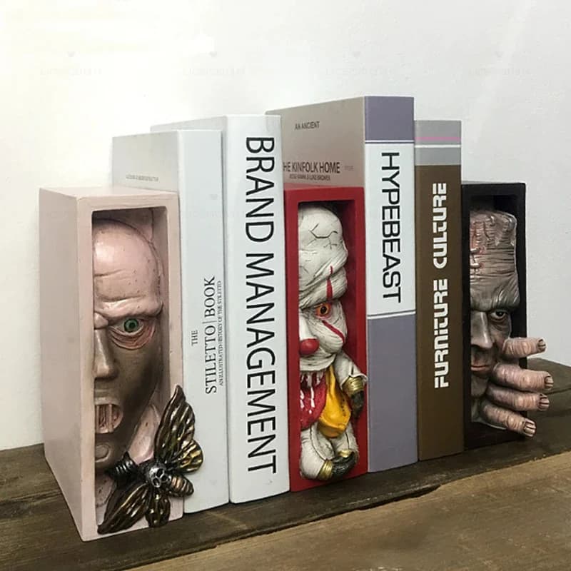 Bookend Human Face Resin Bookends Horror Monstro Sculpture Bookstand Bookshelf Decor Monster Human Face Bookshelf For Home Decor