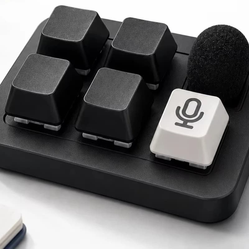 Compact 2.4G Wireless/Wired Condenser Microphone with 5-Key Programmable Mechanical Keyboard for Gaming and Computer Use.