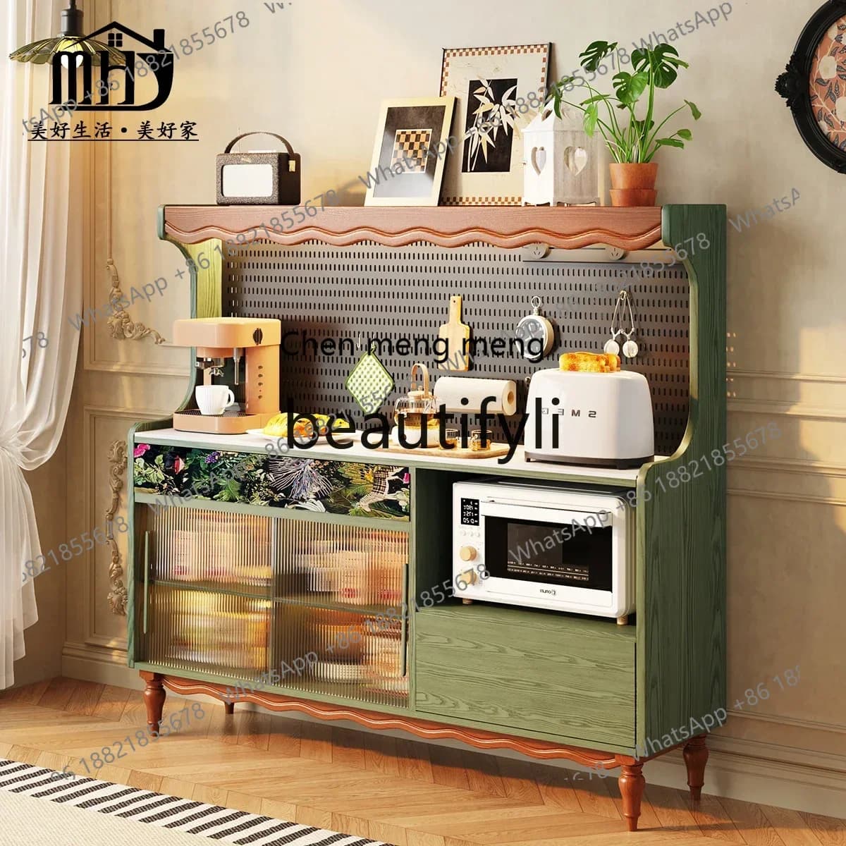 xz1French retro dining side cabinet American green entrance solid wood locker medium antique dining table side cabinet