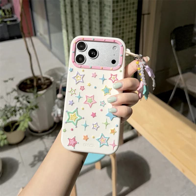 Kawaii Stars Phone Case For iPhone 15 16 17 Pro Max White Stars Tiny Dot Decor Detachable Beaded Multicolor Charm Hand Chain