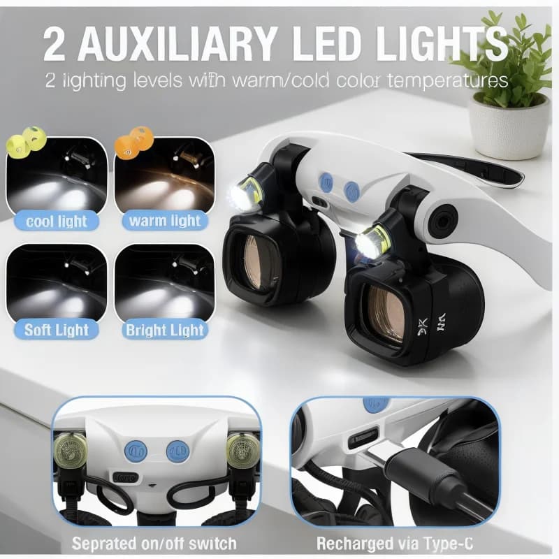ABUP-Jewelers Magnifying Glass for Close-Up Work with Light 5 Interchangeable Lens Pairs (2X 4X 6X 10X 13X) Head Included
