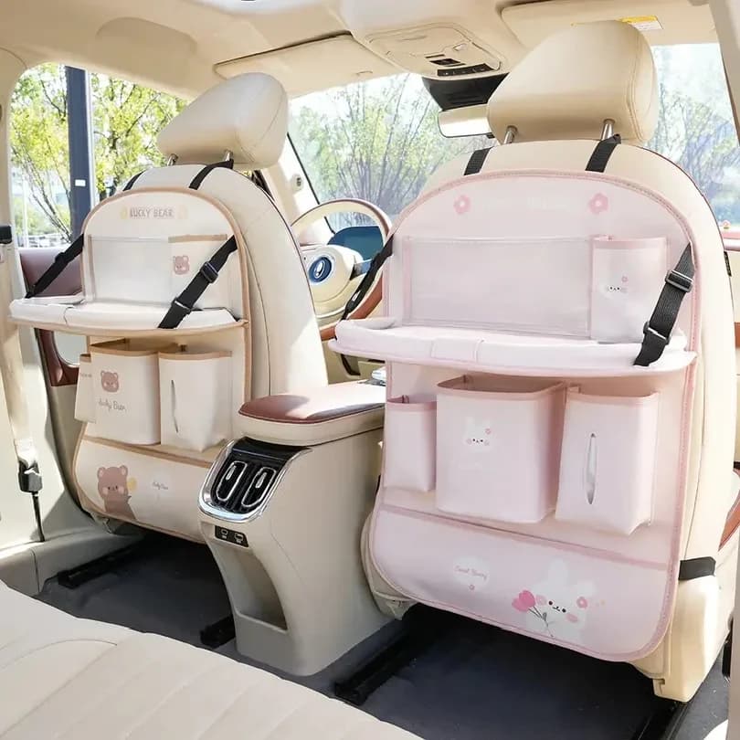 Leather Deluxe Car Seat Back Organizer-Multi-Function Storage, Foldable Dining Table Tray,Anti-Kick Pad,Decorative Car Accessory
