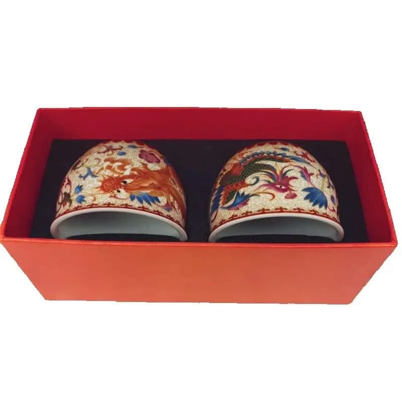 China Old Porcelain Tea Bowl Set Pastel Enamel with Dragon Phoenix Pattern Traditional Two Cup Ceramic Tea Set for Tea Ceremony