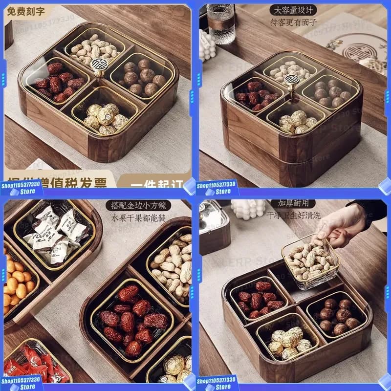 Solid Wood Dried Fruit Box Chinese Style Living Room Coffee Table Nut Snack Display Tray Melon Seeds Candy Storage Plate