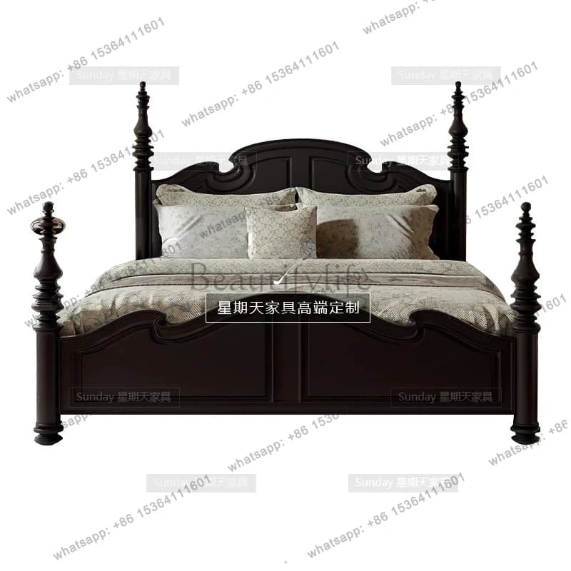 French Superior Black Solid Wood Bed European Atmospheric Roman Column Double Bed Modern Simplicity