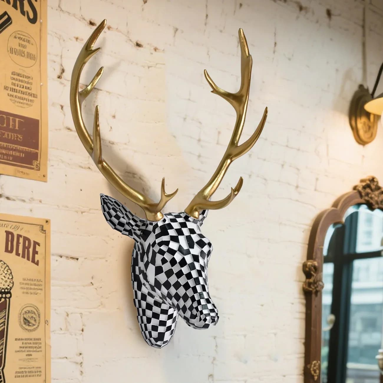 Mosaic Deer Head Wall Art - Resin Sculpture with Black & White Checkered Pattern, Golden Antlers, Perfect for Living Room Office