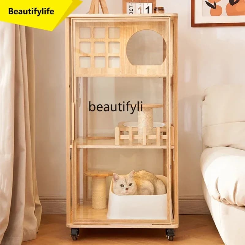Q181 L Cat Villa Household Non-Covering Panoramic Cat Cage Solid Wood Cattery  Cabinet Luxury Glass Pet Room