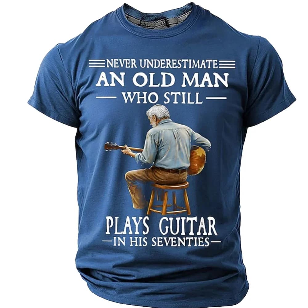 Men's t-shirt with a guitar print, featuring an elderly man with white hair, round neck, short sleeves, versatile casual style.