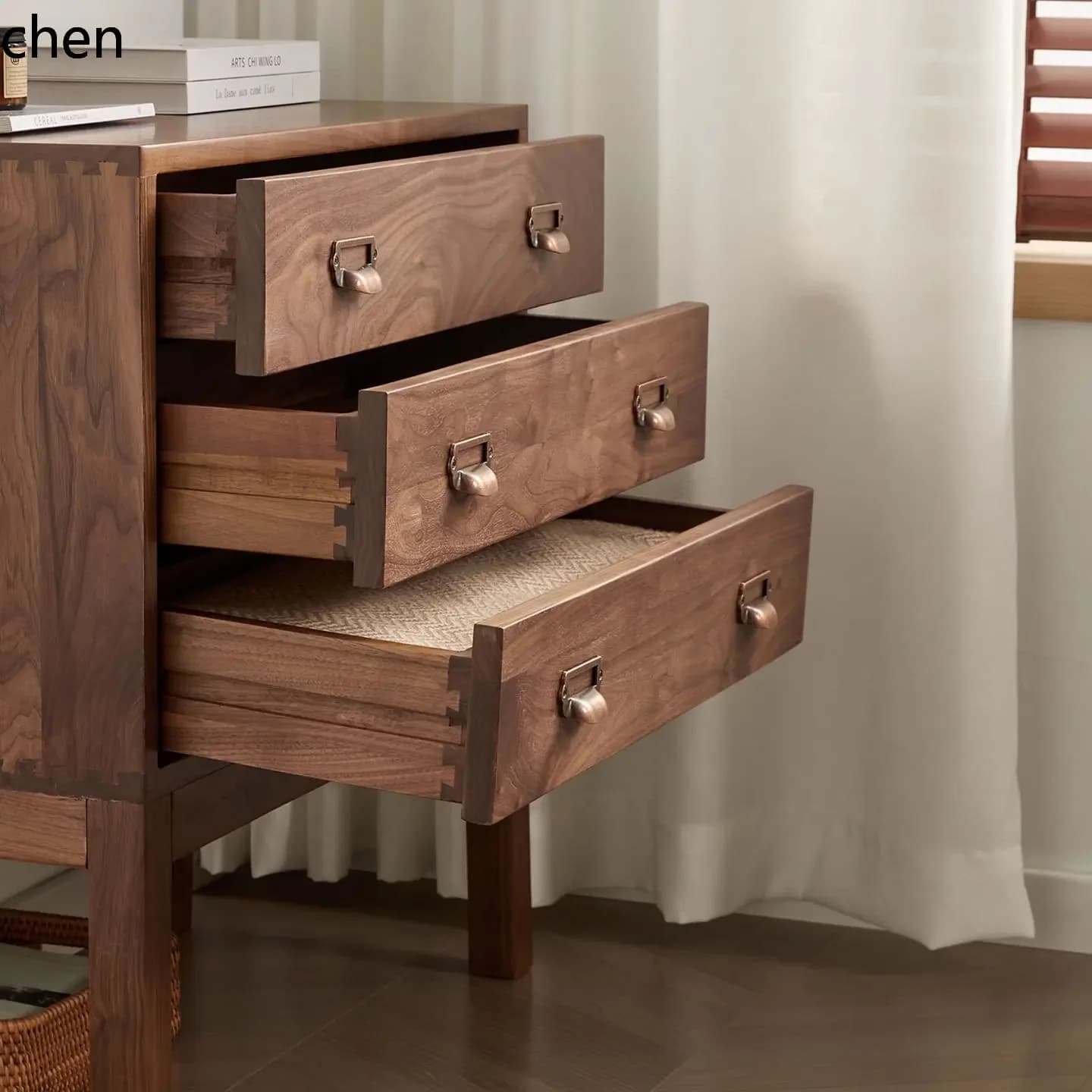 DSABlack Walnut Sofa Side Cabinet Solid Wood Chest of Drawers Vintage Storage Cabinet