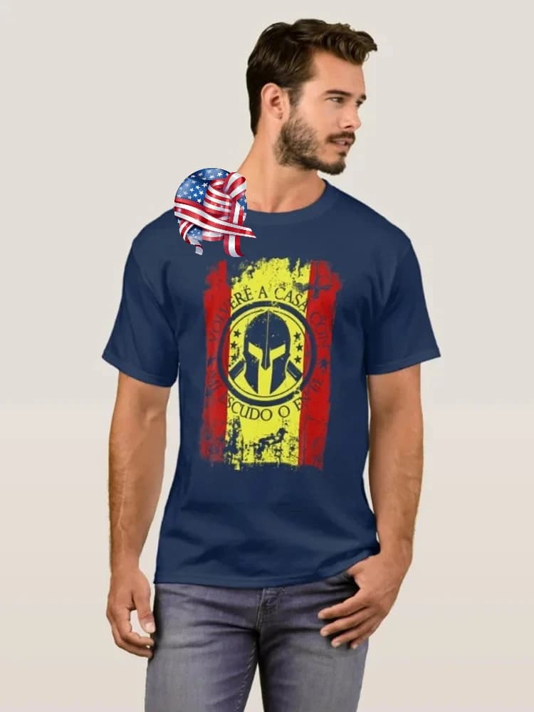 Come Home with My Shield. Distressed Spartan Helmet Spain Flag T-Shirt 100% Cotton O-Neck Short Sleeve Casual Mens T-shirt