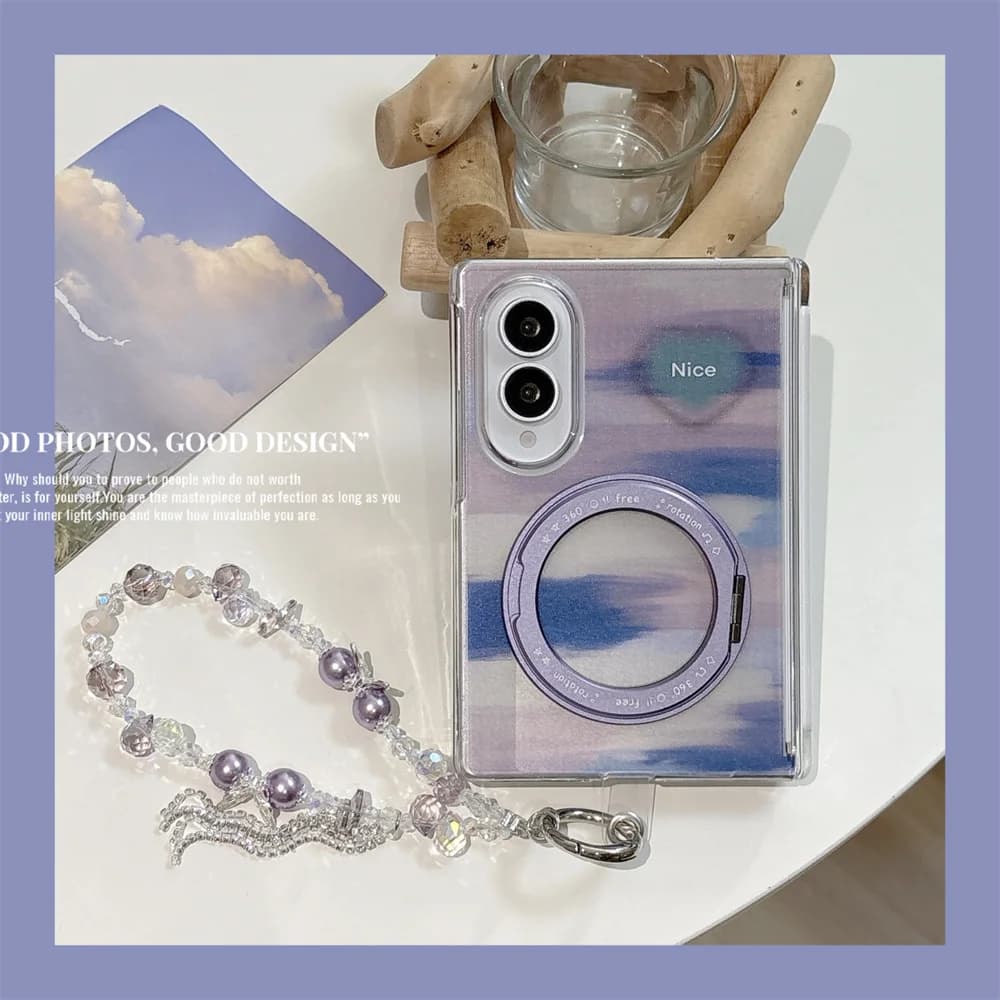 Purple Cloud Gradient Magnetic Ring Stand Phone Case For Samsung Galaxy Z Fold4 5 6 7 Fold8 Ultra Cover Shockproof Folding Shell