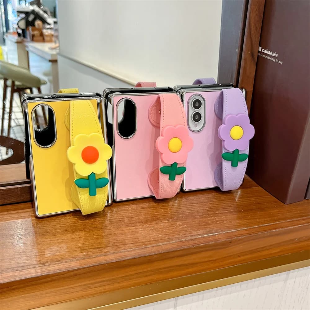 Cute 3D Flower Wrist Strap Phone Case For Samsung Galaxy Z Fold 8 PU Leather Frame Full‑Cover Shockproof Girls Protective Shell