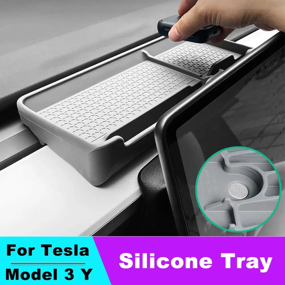 Behind Screen Storage Box For Tesla Model 3 Y Dashboard Organizer Hidden Tissue Holder Auto Anti-Slip Mat Glasses Key Tray