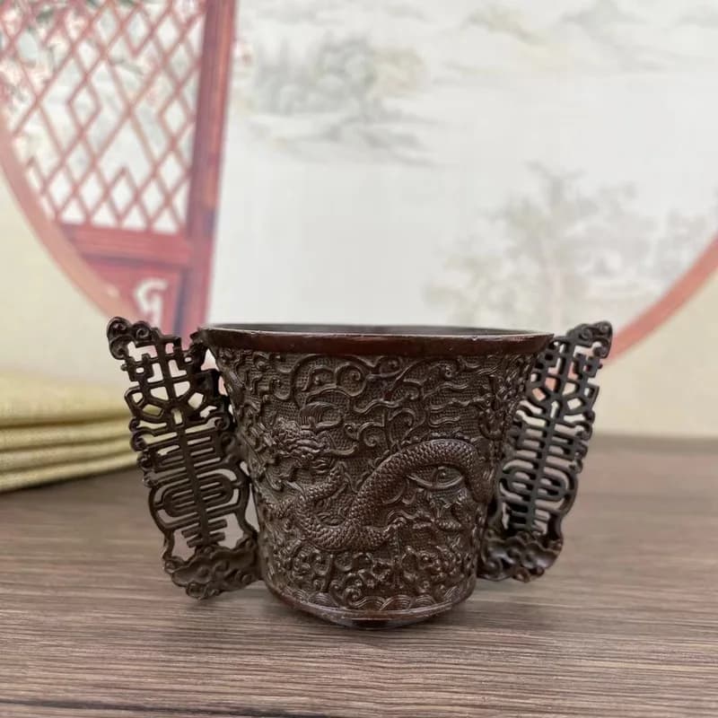 Double Dragon Copper Wine Cup, Tea Cup, Copper Cup, Vintage Alloy Decoration, Carved Copper Tea Cup, Ornament for Collection