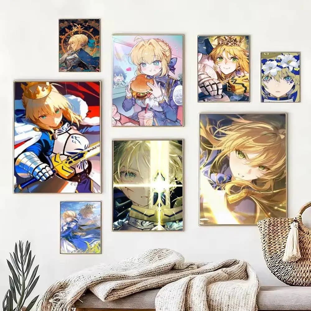 Artoria Pendragon Saber Fate Fgo FSN Poster Waterproof Wall Art Sticker For Bar Living Room Vintage Decor High Quality Print