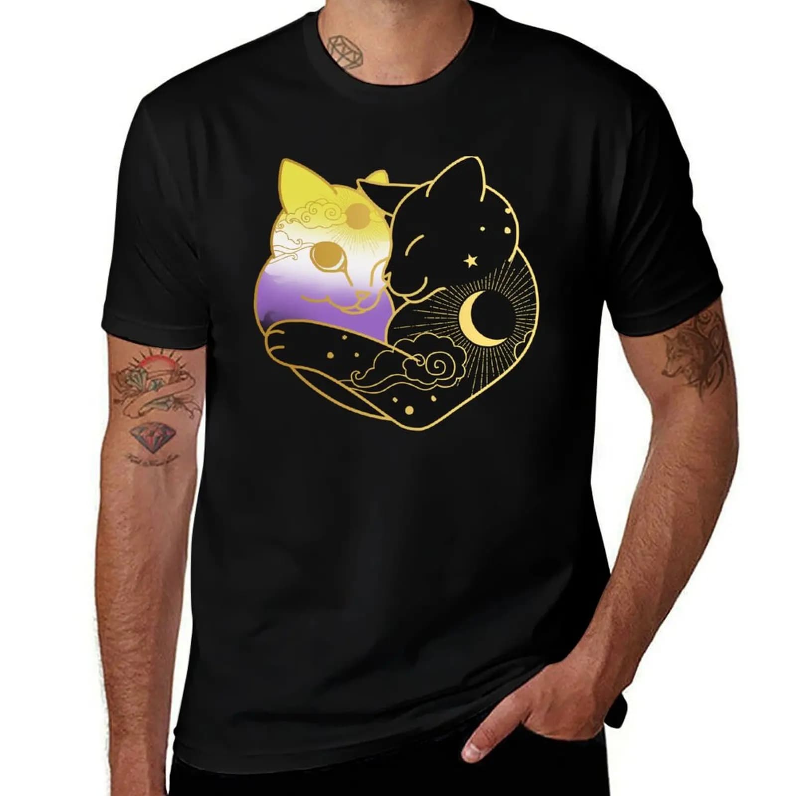 Nonbinary Celestial Cat Heart T-Shirt Relaxed Fit Casual Short Sleeve Top T-Shirt