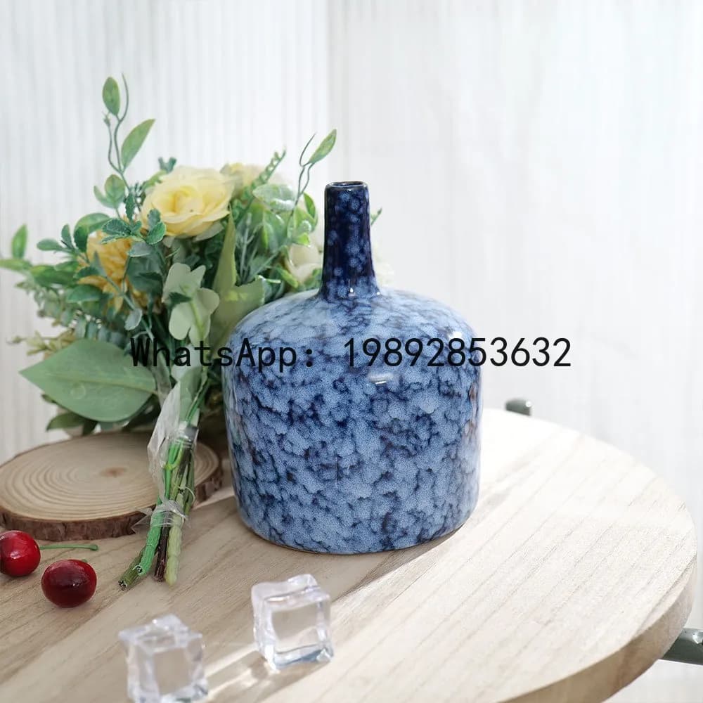 a17Blue Ceramic Vase Kiln-transformed Porcelain Pot Flower Vase Flower Arrangement Accessories Terrarium Home Decoration