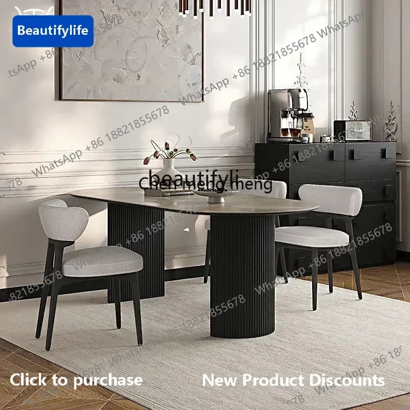 183French retro rock slab dining table and chair combination modern oval solid wood rock slab dining table