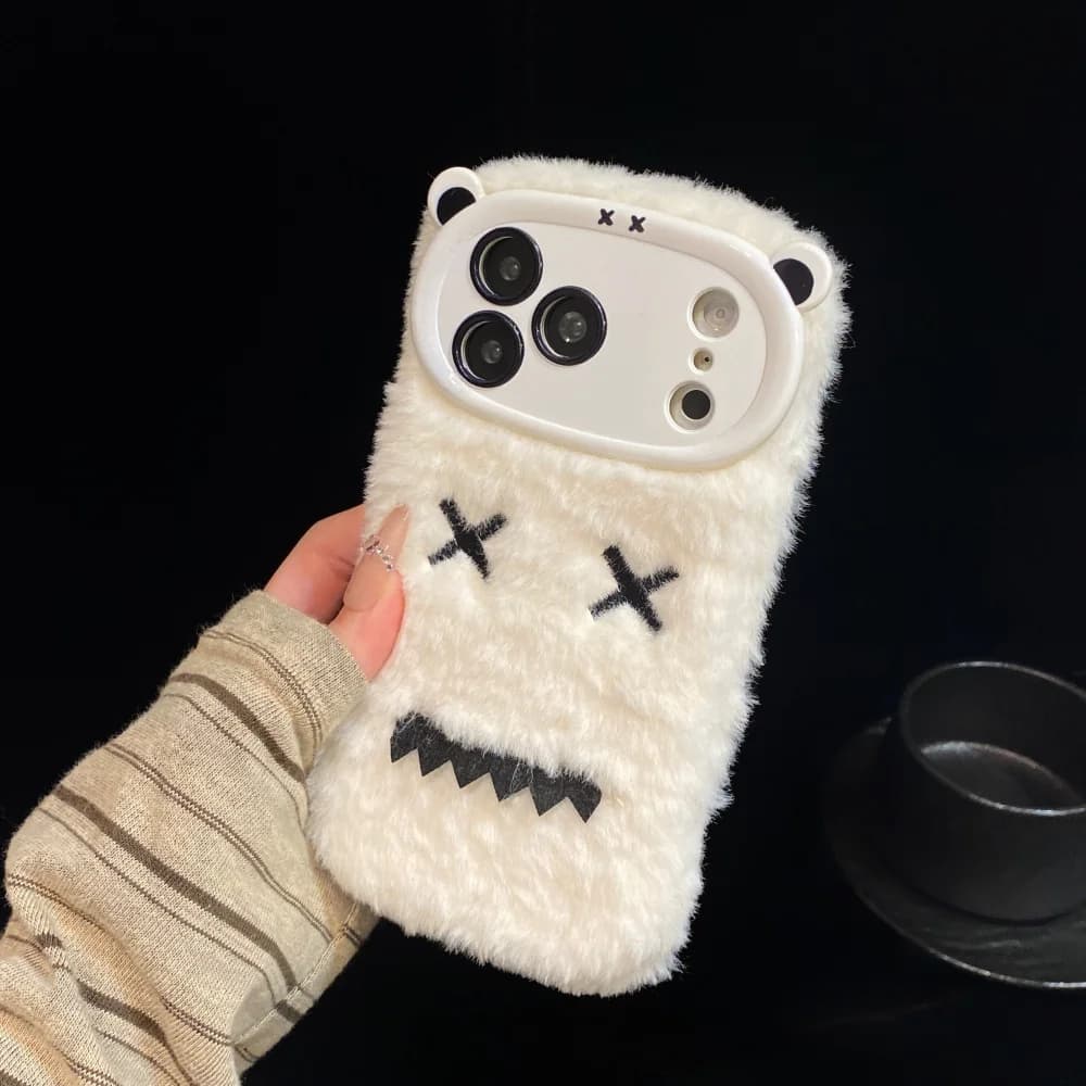 Cute Monster Bear Fluffy Plush Phone Case For iPhone 18 17 15 14 13 11 16 Pro Max Winter Warm Furry Shockproof Protective Cover