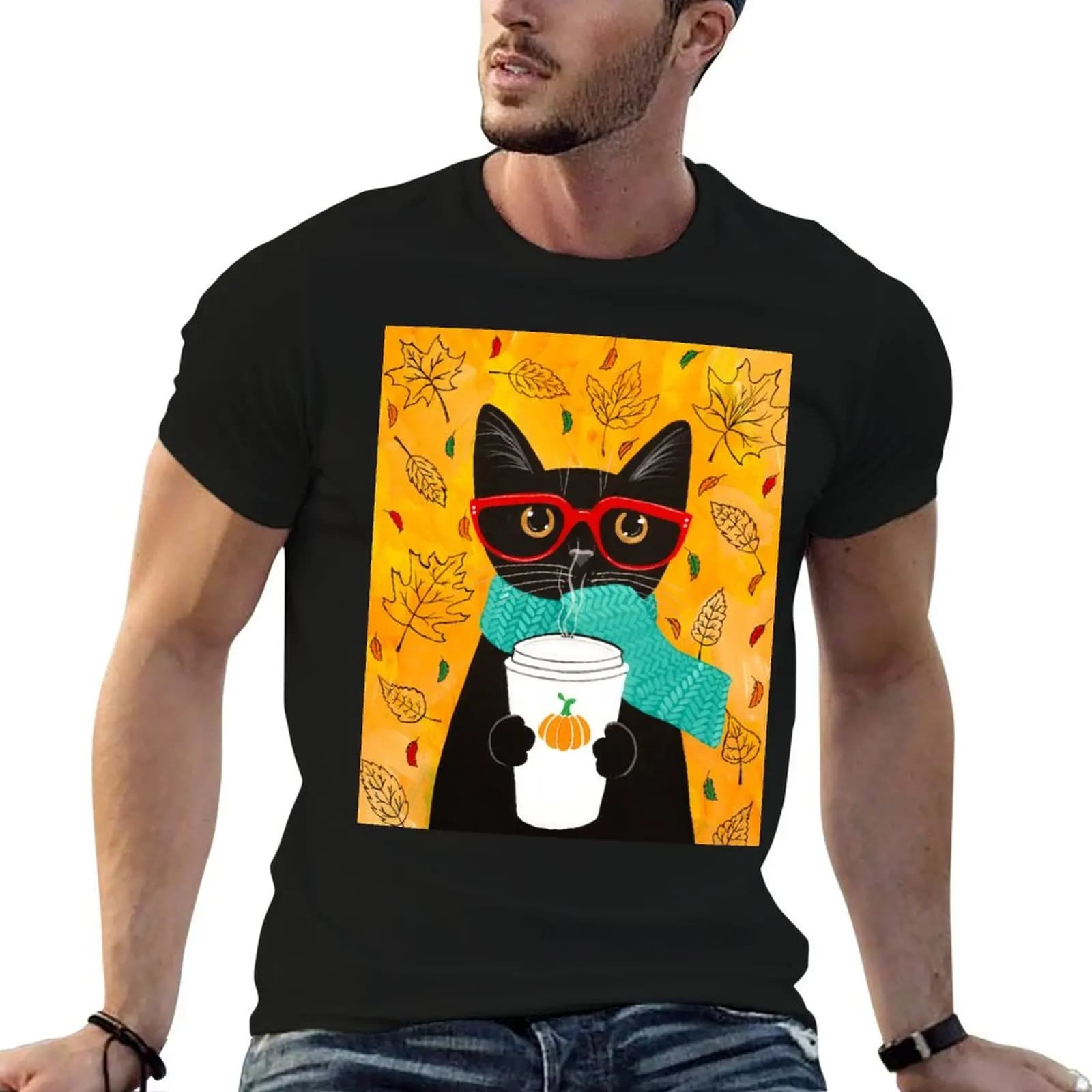 Autumn Pumpkin Coffee Cat T-Shirt Luxury man Funny t-shirt mens t shirts casual stylish