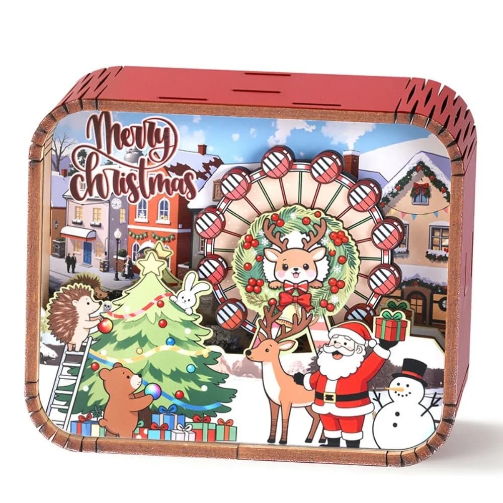 Retro 3D Scene Christmas Music Box Rotating Wind-up Wooden Music Box Xmas Tree Tabletop Musical Ornament Gift Souvenir