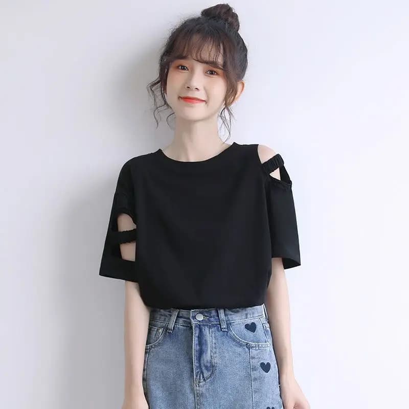 Black Hollow Off-shoulder Short-sleeved T-shirt 2025 Summer Korean New Loose Design Fashionable Top