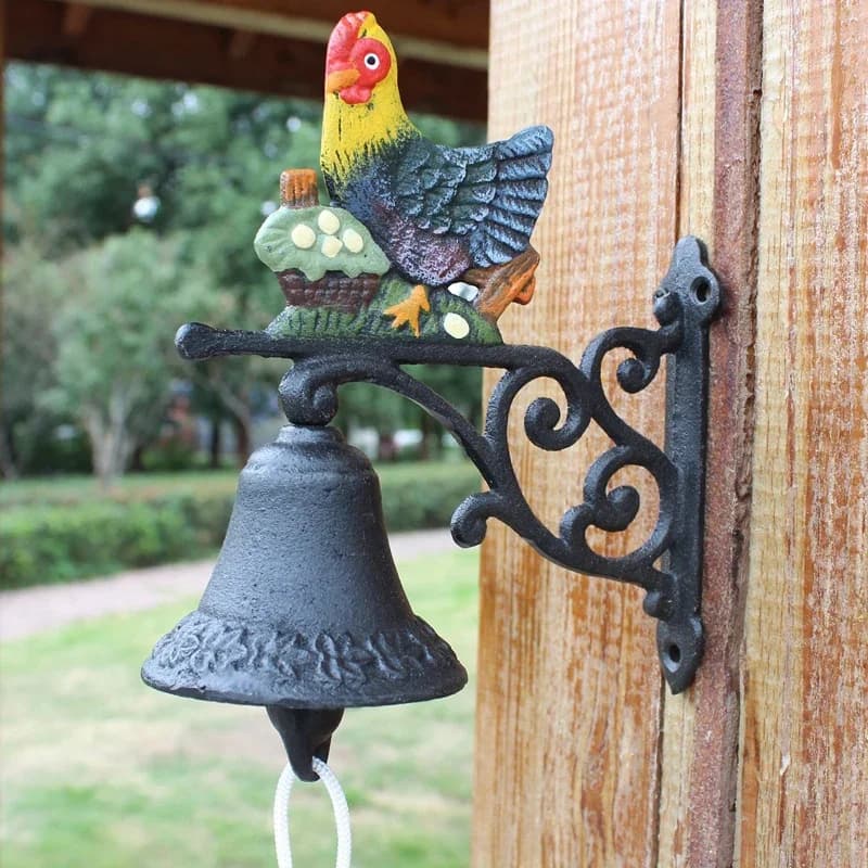 Cast Iron Wall Mounted Bell With Hand Cranking Hanging Rope Colored Hen Eggs European Home Garden Wall Decor Welcome Door Bell