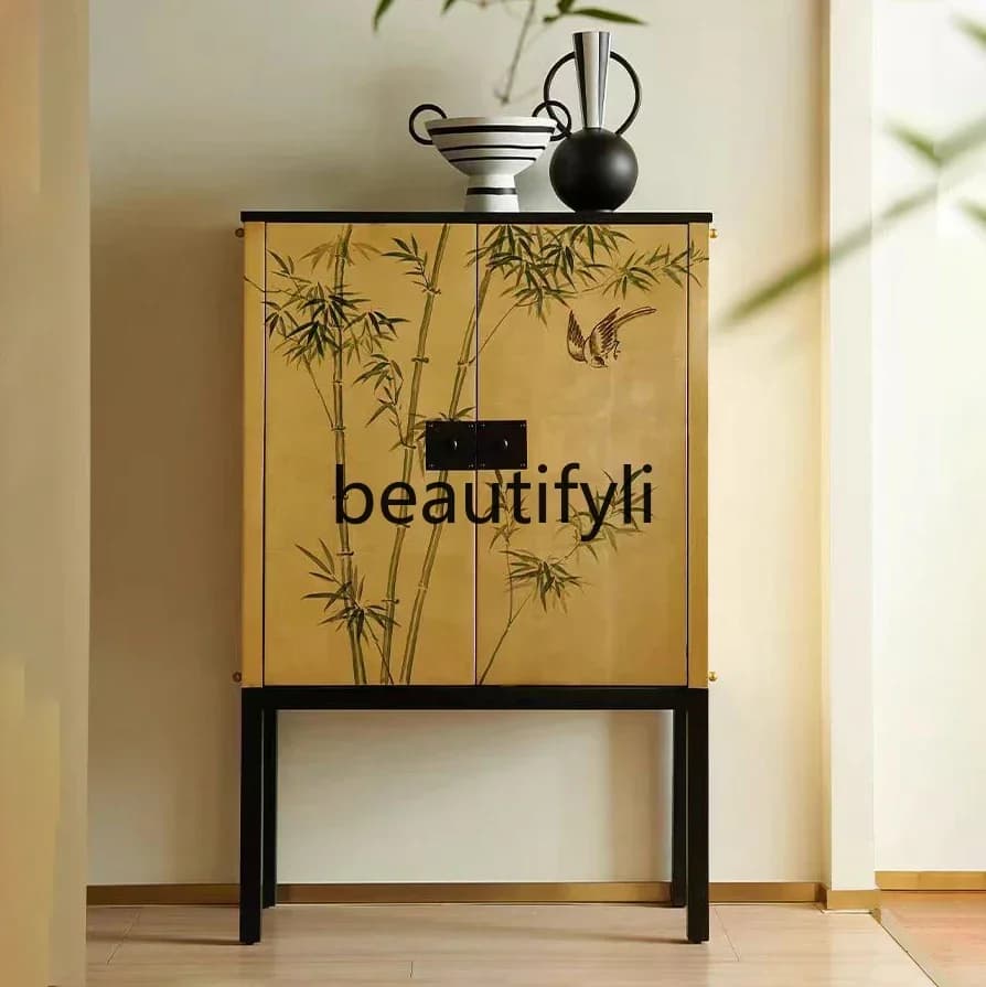 D25  solid  porch cabinet French retro living room corridor vertical cabinet  light luxury gold foil collection side cabinet