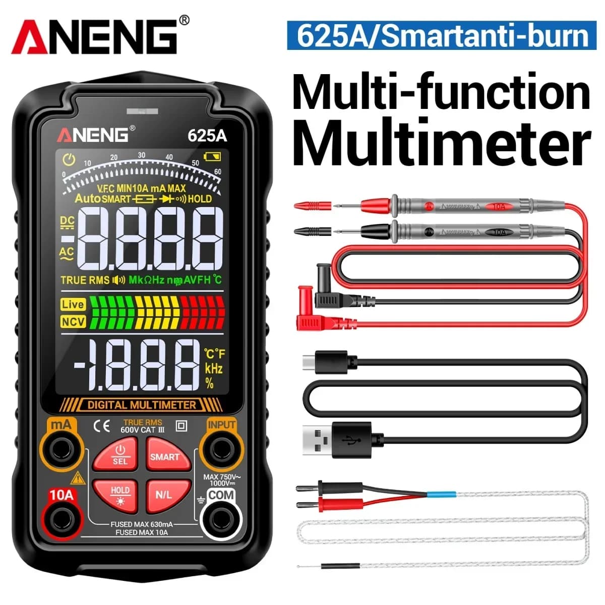 Multimeter Professional AC/DC Voltage 10A Current Resistance Capacitance NCV Voltage Rechargable Electrician Tester ﻿ANENG 625A