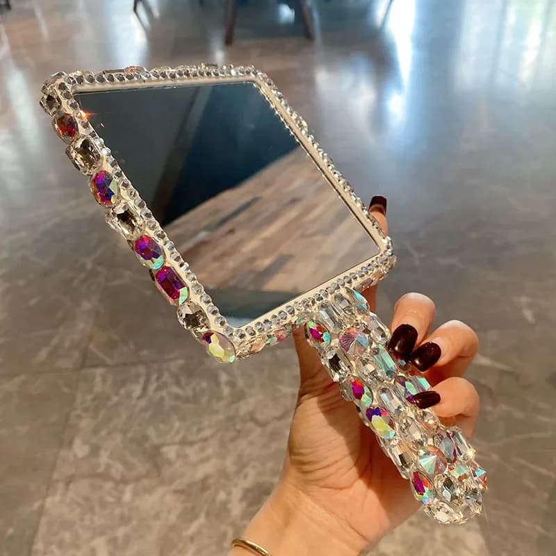 Luxury Rhinestone Square Mirror Handheld Makeup Mirrors Portable Dormitory Desktop Decoration Dressing Mirror Bedroom Mirrors