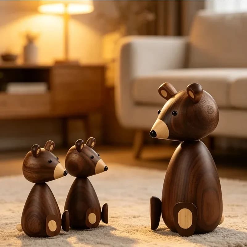 1pc Wooden Brown Bear Family Statue Crafts Nordic Design High Quality Figurines Desktop Ornaments Room Home Decoration Gift