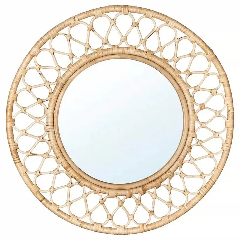 Round Rattan Wall Mirror, Natural Woven Frame, 30 Inch Diameter, Decorative Petal Design, Vintage Boho Style